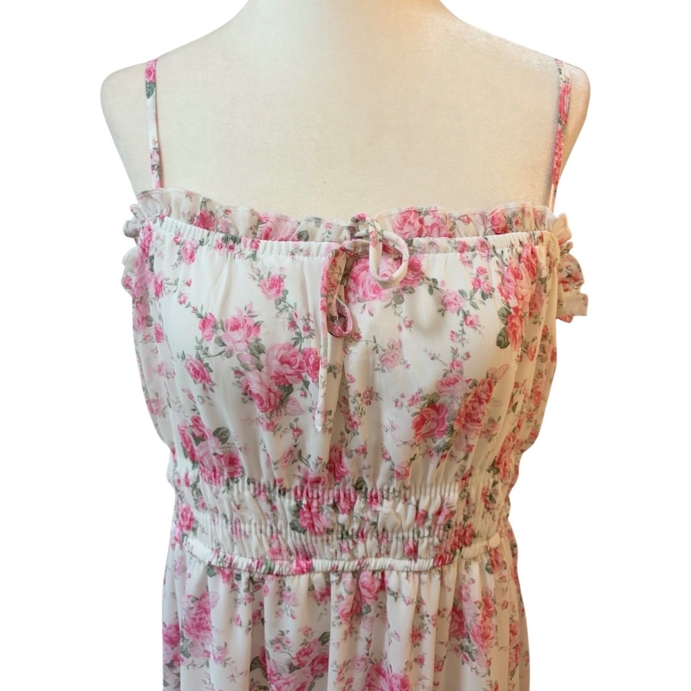 Lily Morgan Pink Floral Smocked Tiered Maxi Dress Large Cottagecore White Rose - Picture 3 of 12
